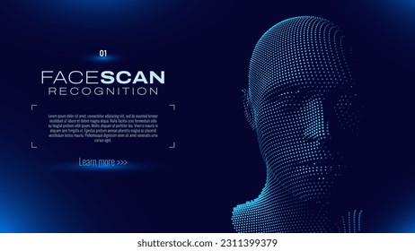 Face ID Scan Recognition AI. Artificial Intelligence Concept. Abstract Digital Particles Human Face. Robotics Concept. Wireframe Head Science Fiction Concept. Vector Illustration. Deep Learning Art.