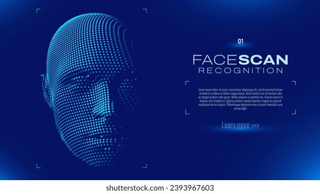 Face ID Scan Recognition AI. Artificial Intelligence Concept. Abstract Digital Particles Human Face. Robotics Concept. Wireframe Head Science Fiction Concept. Vector Illustration. Deep Learning Art.