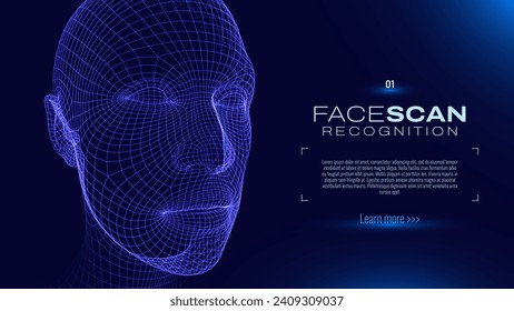 Face ID Scan Recognition AI. Artificial Intelligence Concept. Abstract Digital Particles Human Face. Robotics Concept. Wireframe Head Science Fiction Concept. Vector Illustration. Deep Learning Art.