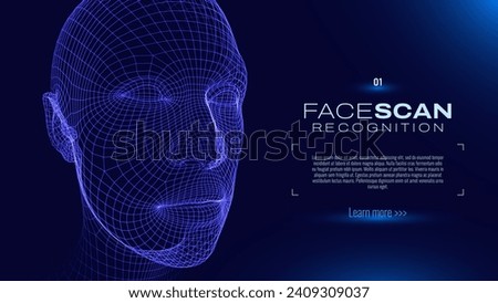 Face ID Scan Recognition AI. Artificial Intelligence Concept. Abstract Digital Particles Human Face. Robotics Concept. Wireframe Head Science Fiction Concept. Vector Illustration. Deep Learning Art.
