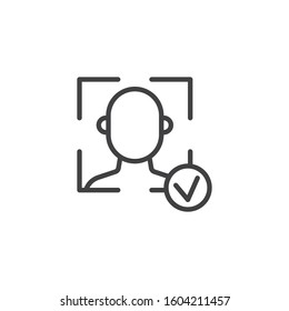 Face ID scanner with check mark line icon. linear style sign for mobile concept and web design. Face id approved outline vector icon. Cyber protection symbol, logo illustration. Vector graphics