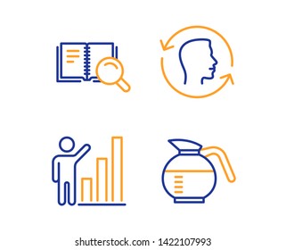 Face id, Search book and Graph chart icons simple set. Coffeepot sign. Identification system, Online education, Growth report. Brewed coffee. Business set. Linear face id icon. Colorful design set