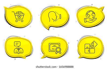 Face id sign. Diploma certificate, save planet chat bubbles. Puzzle, Support service and Remove purchase line icons set. Engineering strategy, Human talking, Delete from cart. Vector