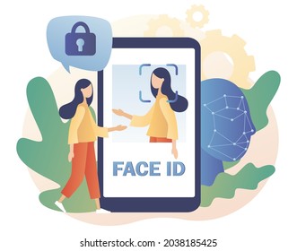 Gesichts-ID in der Smartphone-App. biometrisches Identifizierungssystem. Kleine Frau scans und Erkennung Gesichtserkennung Laser verwenden Smartphone. Datensicherheit. Moderner, flacher Cartoon-Stil. Vektorgrafik 