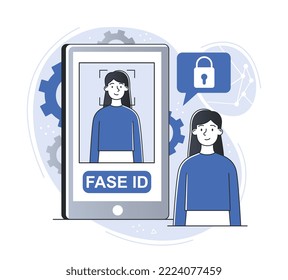 ID de la cara en el smartphone. Tecnologías modernas y mundo digital, ciberespacio e innovaciones. Gadgets y dispositivos. Autenticación y verificación, seguridad de datos personales. Dibujo vectorial plano de dibujos animados