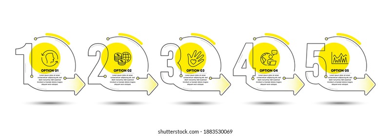 Face Id, Social Responsibility And World Money Line Icons Set. Timeline Process Infograph. Investment Sign. Identification System, Helping Hand, Global Markets. Economic Statistics. Vector