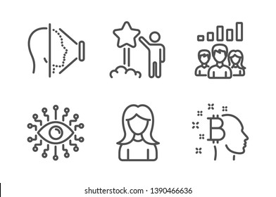 Face id, Teamwork results and Artificial intelligence icons simple set. Woman, Star and Bitcoin think signs. Phone scanning, Group work. People set. Line face id icon. Editable stroke. Vector
