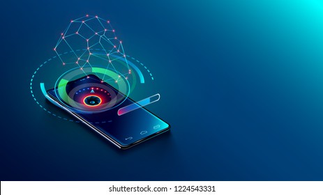 Face id technology - abstract concept. 3d scan face and recognition person user. smartphone identifies human and verification access right to personal information and confidential data.