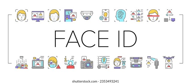 Face Id Technology Collection Icons Set Vector. Face Id And Finger Print Access, Atm Bank Terminal And Unblocked Smartphone Facial Protect System Concept Linear Pictograms. Contour Color Illustrations