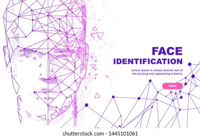 Face id technology. Trendy Innovations cyborg systems.  Innovations systems identifications and development computers software industry. Poligon personal encryption protection.