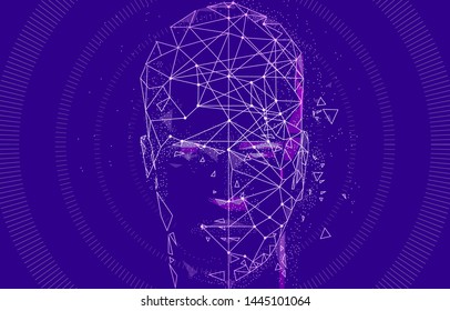 Face id technology. Trendy Innovations cyborg systems.  Innovations systems identifications and development computers software industry. Poligon personal encryption protection.