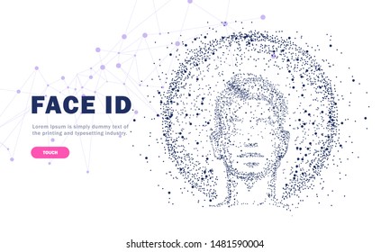 Face id technology. Trendy Innovations cyborg systems.  Innovations systems identifications and development computers software industry. Poligon personal encryption protection.