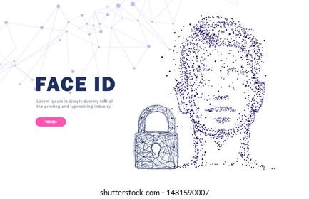 Face id technology. Trendy Innovations cyborg systems.  Innovations systems identifications and development computers software industry. Poligon personal encryption protection.