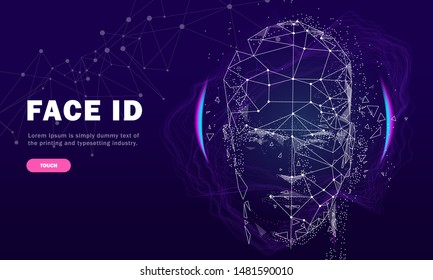 Face id technology. Trendy Innovations cyborg systems.  Innovations systems identifications and development computers software industry. Poligon personal encryption protection.