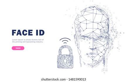 Face id technology. Trendy Innovations cyborg systems.  Innovations systems identifications and development computers software industry. Poligon personal encryption protection.