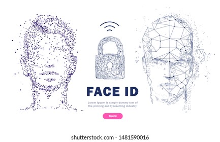 Face id technology. Trendy Innovations cyborg systems.  Innovations systems identifications and development computers software industry. Poligon personal encryption protection.