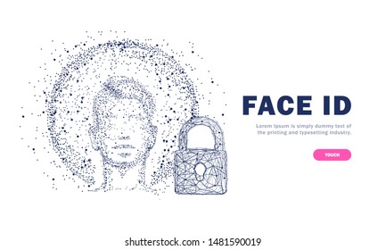 Face id technology. Trendy Innovations cyborg systems.  Innovations systems identifications and development computers software industry. Poligon personal encryption protection.