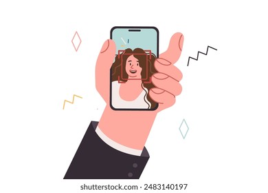 Tecnología Face ID para desbloquear el teléfono y la Identificación biométrica que permite el acceso a la aplicación. Teléfono en la mano de la mujer que toma la foto selfie o que utiliza la Contraseña biométrica para la seguridad de los datos
