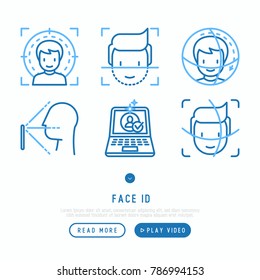 Face ID thin line icons set: face recognition, scanning, mobile authentication, approved, disapproved, face detect. Modern vector illustration.