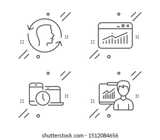 Face id, Time management and Website statistics line icons set. Presentation sign. Identification system, Laptop device, Data analysis. Education board. Science set. Line face id outline icon. Vector