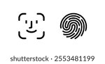 Face id and touch id icon set. Fingerprint sign. Identification icons. Facial recognition system, identification face. Finger scanner. Biometric verification. Vector illustration.