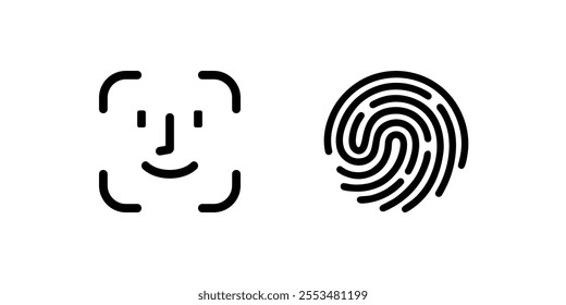 Face id and touch id icon set. Fingerprint sign. Identification icons. Facial recognition system, identification face. Finger scanner. Biometric verification. Vector illustration.