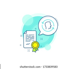 Signo de actualización de id. de cara. Icono de complejo de certificación. Icono de la línea de repetición de exploración facial. Símbolo de cabeza. Certificado o documento de diploma. Signo de identificación de cara. Vector