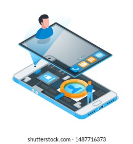 Face identification concept. Mobile phone scans a person face. Mock-up for website and mobile website. Isometric vector illustration