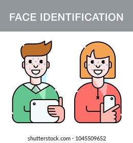 Face identification concept. People holding a smartphone and tablet in their hand and scanning their face. Vector flat illustration in outline style with facial recognition concept.