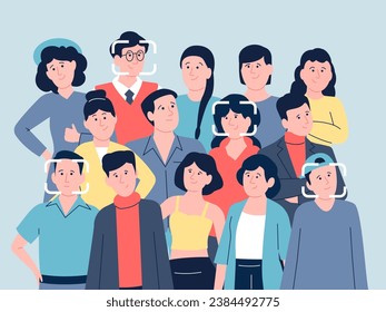 Face identification in crowd. Security technologies, biometric authentication person in public spaces. Id recognition recent vector concept