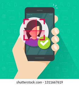 Face identification id and facial recognition via mobile phone vector, flat personal identity detection verification using scanning smartphone, concept of biometric security protection on cellphone