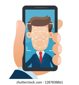 Face identification of man. Smartphone scans a person face. Biometric identification concept. Facial recognition system. Vector illustration on white background, cartoon, flat.