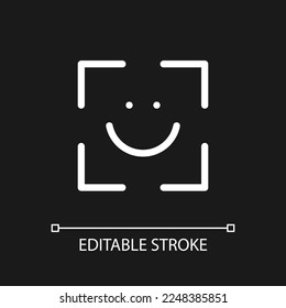 Face identification pixel perfect white linear ui icon for dark theme. Portrait mode. Vector line pictogram. Isolated user interface symbol for night mode. Editable stroke. Arial font used