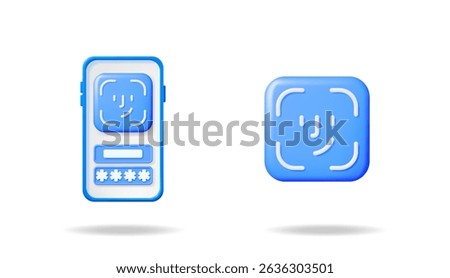 Face identification scan concept shown as a 3d icon and on a virtual interface on a smartphone. Biometric security authentication for data access.