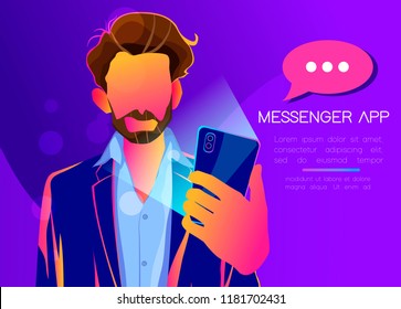 Face identification of young man by mobile phone front camera shoot. Vector illustration of man holds smartphone in his hand for getting access to device via face recognition technology.