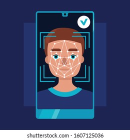 Face identification of young man.Biometrics and facial recognition on smartphone.White background. Vector flat stock illustration
