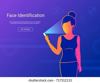 Face Identification Of Young Woman. Gradient Line Vector Illustration Of Woman Holds Smartphone In Her Hand For Getting Access To Device Via Face Recognition Technology.