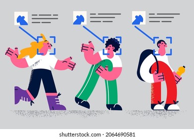 Face identity and identification concept. Young smiling people cartoon characters standing with scan on faces and identity cards nearby with personal information vector illustration 