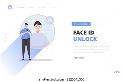 Concepto de desbloqueo de identidad facial en el diseño de la página de aterrizaje