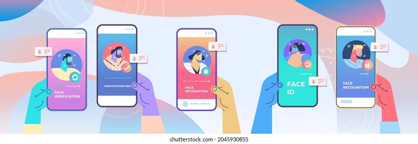 verificación de identidad facial escaneo proceso de reconocimiento facial acceso de identificación personal en pantallas de smartphone