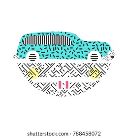 Face illustration art of memphis style. Can be seen also as old car but forming a cute face.