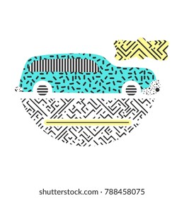 Face illustration art of memphis style. Can be seen also as old car but forming a cute face.