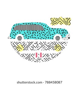 Face illustration art of memphis style. Can be seen also as old car but forming a cute face.