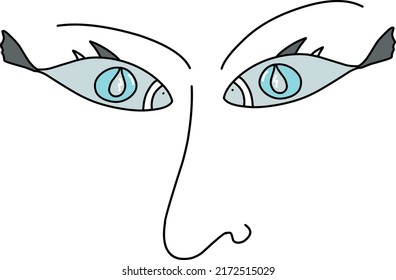 Ilustración facial con ojos de pez azules sobre fondo blanco