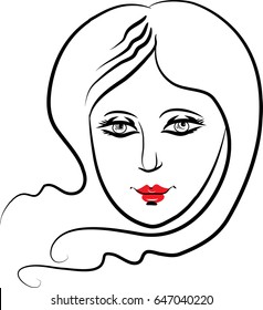 Face Illustration in white background. Young woman with long hair. Close up portrait. Isolated outline, line, contour.