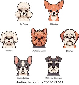 Face illustrations of 7 popular small dog breeds