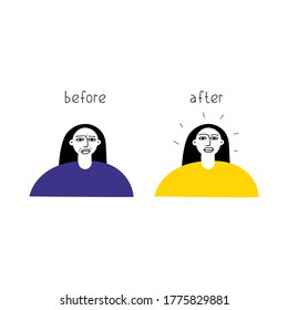 Face injection before and after. Hand drawn vector illustration on white background.