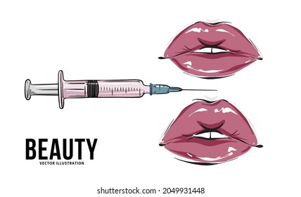 Face injection lips cosmetic makeup art, lip fillers, hyaluronic acid vector art 