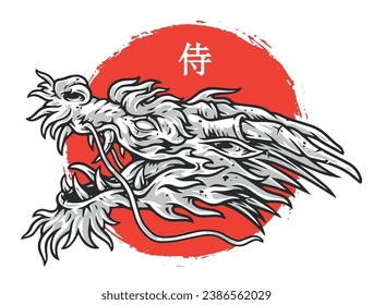 Face japanese dragon colorful element with angry attacking predator opening its mouth near japanese flag with hieroglyph vector illustration