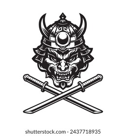 The face of a Japanese samurai warrior with katanas. Vector illustration on white background